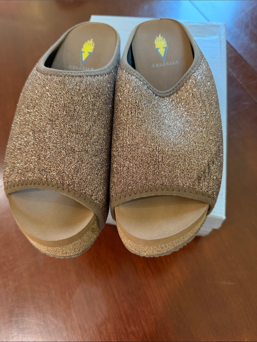 Volatile Metallic Bronze Open-Toe Slide Mules